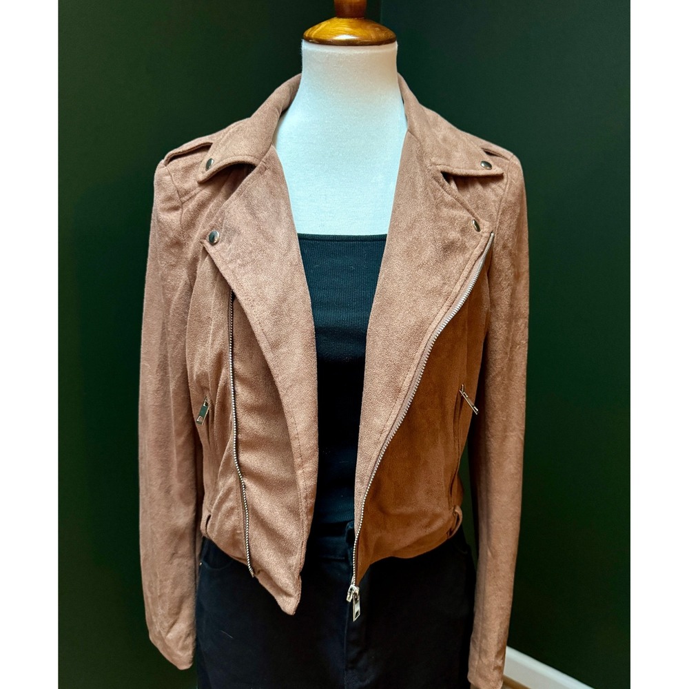 Lulus Womens Brown Faux Suede Moto Jacket Cropped Zip Up Biker Style